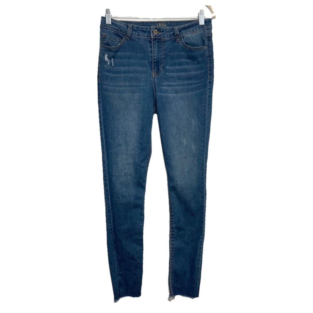True Craft Women's Skinny Jeans 9 Blue Denim‎ Distressed Raw Hem Frayed Stretch